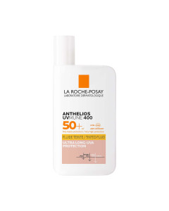 La Roche-Posay ANTHELIOS UVMUNE 400 Tonirani fluid SPF50+, 50 ml -  za zaštitu od sunca za lice nudi široki spektar anti-UVA + UVB + ultra-dugu UVA zaštitu i daje veću otpornost koži. Bijelo narančasta bočica proizvoda na bijeloj pozadini.