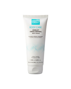 MartiDerm Body Care MODELIFT krema za tijelo 200 ml - sinergijska kombinacija zatežućih aktivnih sastojaka vraća izgled zategnutije, čvršće i tonirane kože. Bijelo plava tuba proizvoda na bijeloj pozadini.