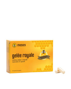 MEDEX Gelée royale kapsule 30x350mg - su dodatak prehrani s 350 mg matične mliječi u jednoj kapsuli. Proizvod je u žutoj kutiji i pokraj njega kapsule na bijeloj pozadini.