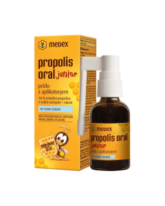 MEDEX Propolis oral junior - na vodenoj osnovi, rasprišivač s aplikatorom - posebno je prilagođen našim najmlađim. Žuto narančasta kutija i bočica s pumpicom proizvoda na bijeloj pozadini.