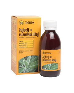 MEDEX Sirup Kadulja i islandski lišaj - Islandski lišaj za zdrav dišni sustav i kadulja u obliku vodenog ekstrakta posebnost su Medexove otopine s agavinim sirupom. Žuto narančasta kutija i bočica proizvoda na bijeloj pozadini.