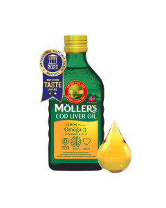 MÖLLER’S Omega 3 ulje limuna 250 ml - iz ulja jetre bakalara proizvodi se od svježeg atlantskog bakalara iz čistih, hladnih voda Lofotena u Norveškoj. Zeleno žuta boca ulja na bijeloj pozadini.