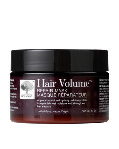 New Nordic Hair Volume maska za kosu 300 ml - dubinski hranjiva maska za obnavljanje koja sadrži proteine jabuke. Ljubičasto crno bijela posudica maske na bijeloj pozadini.