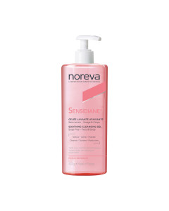 Noreva SENSIDIANE UMIRUJUĆI GEL ZA PRANJE 400 ml - nježno čisti lice i tijelo, smanjuje osjećaj iritacije i pomaže koži vratiti prirodnu ravnotežu. Bijelo roza boca s pumpicom na bijeloj pozadini.