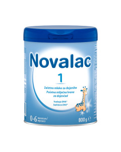 Novalac 1 početna mliječna hrana za dojenčad 800 g - početna mliječna hrana koja zadovoljava sve prehrambene potrebe dojenčeta od rođenja do navršenog 6. mjeseca. Plavo bijela limenka na bijeloj pozadini.