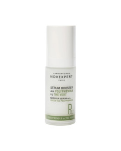 NOVEXPERT Booster serum s polifenolima - protiv tamnih mrlja 30 ml - djeluje na proces starenja, sivi ten i tamne mrlje, kako bi bio intervencija u svakom godišnjem dobu i bez obzira na tip kože. Bijelo zeleno crna bočica s pumpicom na bijeloj pozadini.