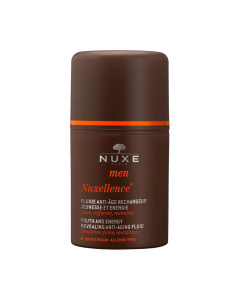 NUXE MEN Anti-age fluid za lice 50 ml - puni kožu energijom, pomlađuje i revitalizira za sve tipove kože, čak i osjetljivu. Koža je podatna i čvrsta na dodir, bore su zaglađene. Smeđa bočica proizvoda na bijeloj pozadini.