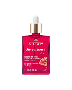 NUXE Merveillance Lift Učvršćujući aktivacijski uljni serum 30 ml - Pruža učinkovitost protiv starenja i vrhunski užitak s nježnim cvjetnim i mošusnim notama. Crveno zlatna bočica s pipetom na bijeloj pozadini.