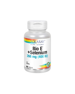 Solaray Bio E® + Selenium - je poseban proizvod kombinacije vitamina E i selena. Proizvod je u srebrnoj bijeloj bočici na bijeloj pozadini.