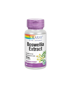 Solaray Boswellia Extract - je listopadno stablo s ovalnim listovima iz porodica Burseraceae, a skuplja se tokom cijele godine. Proizvod je u srebrno ljubičastoj bočici na bijeloj pozadini.