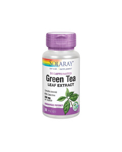 Solaray Green Tea Extract - ne sadrži kofein te osigurava 95% polifenola te 63 % katehina iz zelenog čaja (Camellia sinensis). Proizvod je u ljubičasto bijeloj bočici na bijeloj pozadini.