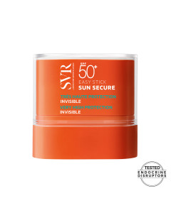 SVR  SUN SECURE nevidljivi stik SPF50+ za zaštitu od sunca 10 g - pruža vrlo visoku dermatološku zaštitu. Praktično pakiranje koje stane u svaki džep ili torbicu. Narančasto bijelo zelena tuba proizvoda na bijeloj pozadini.