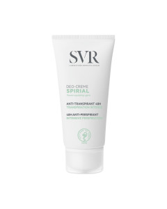 SVR SPIRIAL krema za regulaciju znojenja 50 ml - regulira znojenje tijekom 48 sati, apsorbira vlagu i suzbija neugodne mirise. Primjena: lice, vlasište, pazusi, stopala, ruke i pregibi kože. Bijelo zelena tuba proizvoda na bijeloj pozadini.