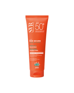 SVR SUN SECURE MLIJEKO BEZ MIRISA SPF50+ za zaštitu od sunca 250 ml - hidratantno mlijeko bez mirisa SPF50+ za bebe, djecu i odrasle. Za lice i tijelo. Narančasto bijela tuba proizvoda na bijeloj pozadini.