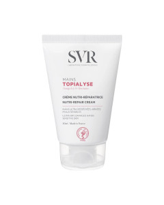 SVR Topialyse krema za ruke 50 ml - za jako suhe i oštećene ruke. Hranjiva i obnavljajuća krema. Nemasne, neljepljive teksture. Nježnog mirisa. Bez parabena. Bijelo roza tuba proizvoda na bijeloj pozadini.