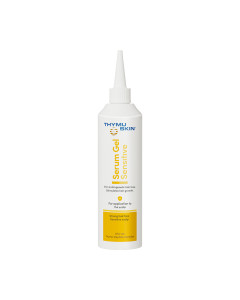THYMUSKIN MED Serum-gel - kod već vidljivog gubitka kose, te kod seborojičkog vlasišta treba primijeniti Med serum-gel za poticanje rasta kose. Bijelo žuta kutija i boca proizvoda na bijeloj pozadini.