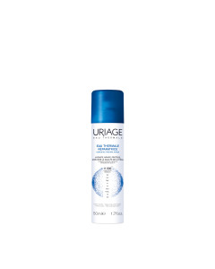 Uriage Termalna voda sprej 50 ml - Bakteriološki čista, prirodno izotonična, vlaži, umiruje, djeluje protuupalno i umiruje upalne dermatoze! Plavo bijela bočica sprej na bijeloj pozadini.