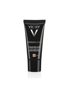Vichy DERMABLEND Korektivni tekući puder 30 ml, 35 Sand - visoka moć prekrivanja 16h + izvorni rezultat ljepote - optimalni osjećaj ugode: 24-satna hidratacija. Crno srebrna tuba tekućeg pudera na bijeloj pozadini.